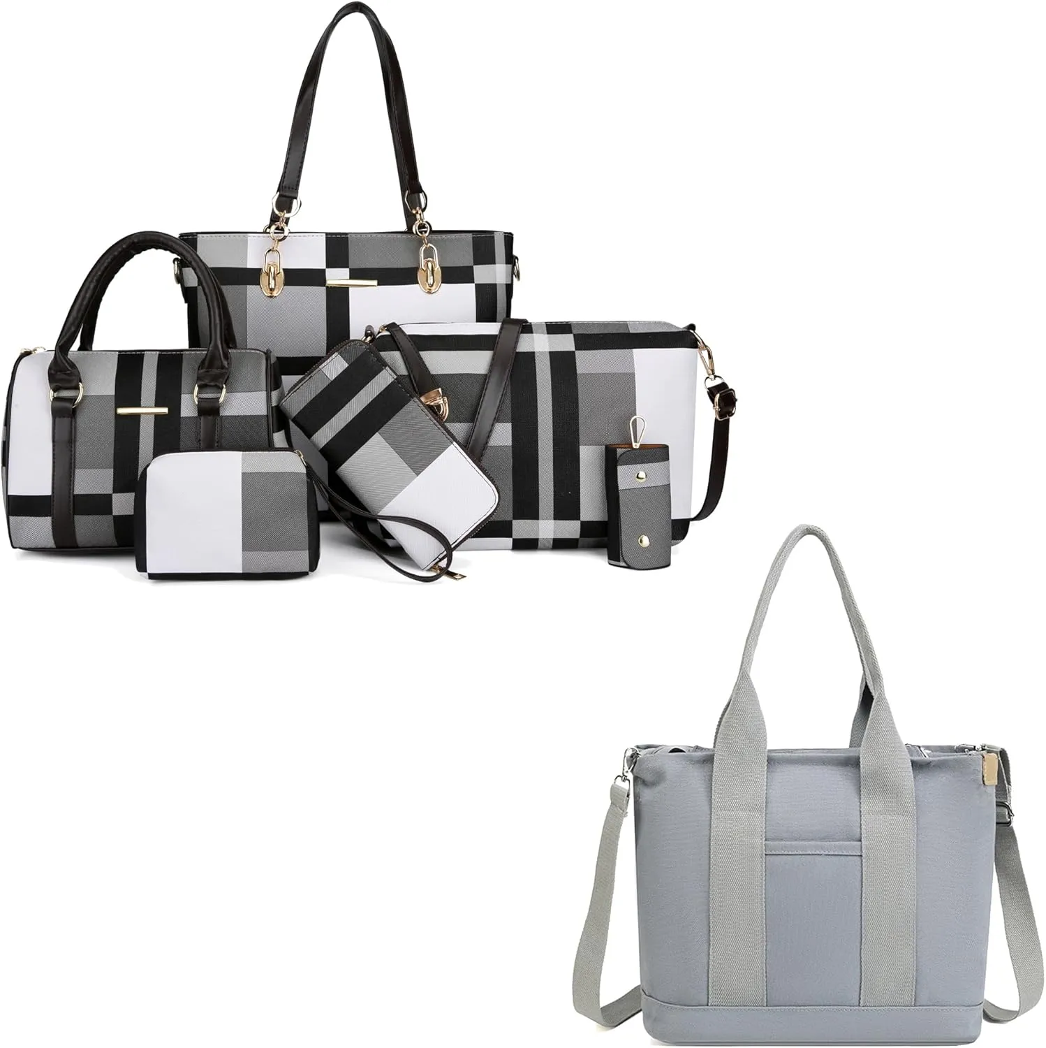 2E-youth Purses and Handbags for Women Faux Leather and Canvas Tote Bag Set