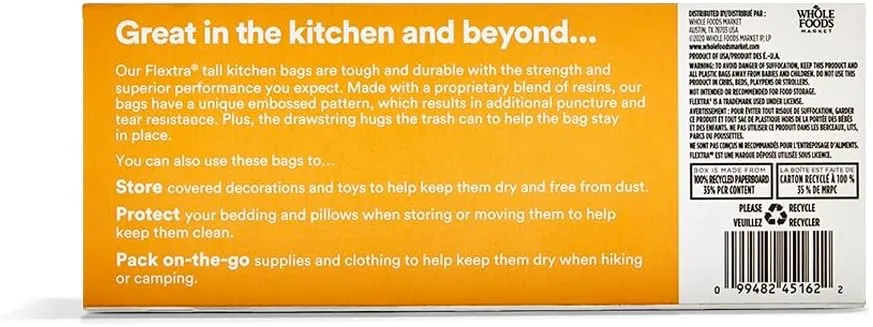 365 by Whole Foods Market, Flextra Strength Drawstring Tall Kitchen Trash Bags, 13 Gallon, 20 Count