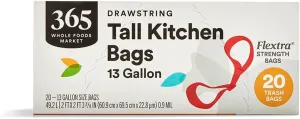 365 by Whole Foods Market, Flextra Strength Drawstring Tall Kitchen Trash Bags, 13 Gallon, 20 Count