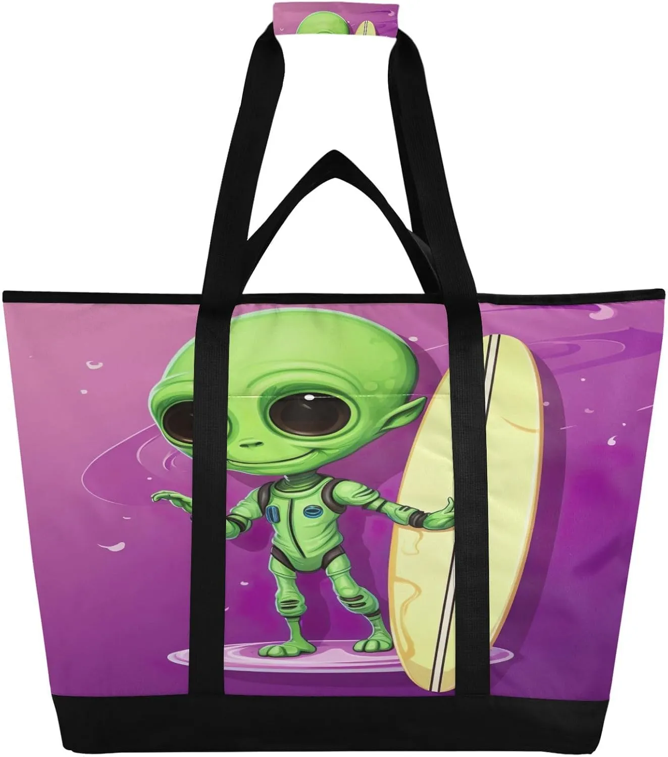 Alien Tote Bag for Women with Zipper Reusable Grocery Bags Foldable Insulated Cooler Bag Handbags Shopping Bags Totes for Groceries Picnic Travel Beach Work