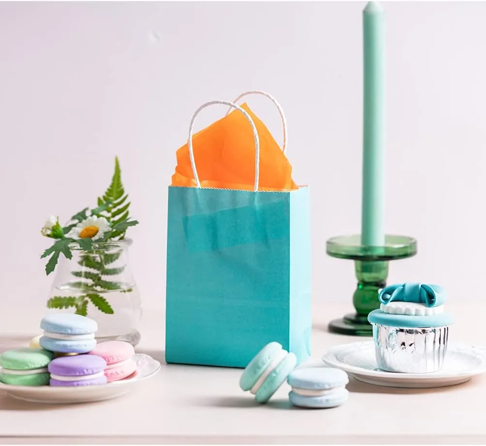 AWELL Small Turquoise Blue Paper Bag with Handle Party Favours Bag 6x4.5x2.5 inch for Baby Shower Birthday Wedding Recycled Bag, Pack of 24