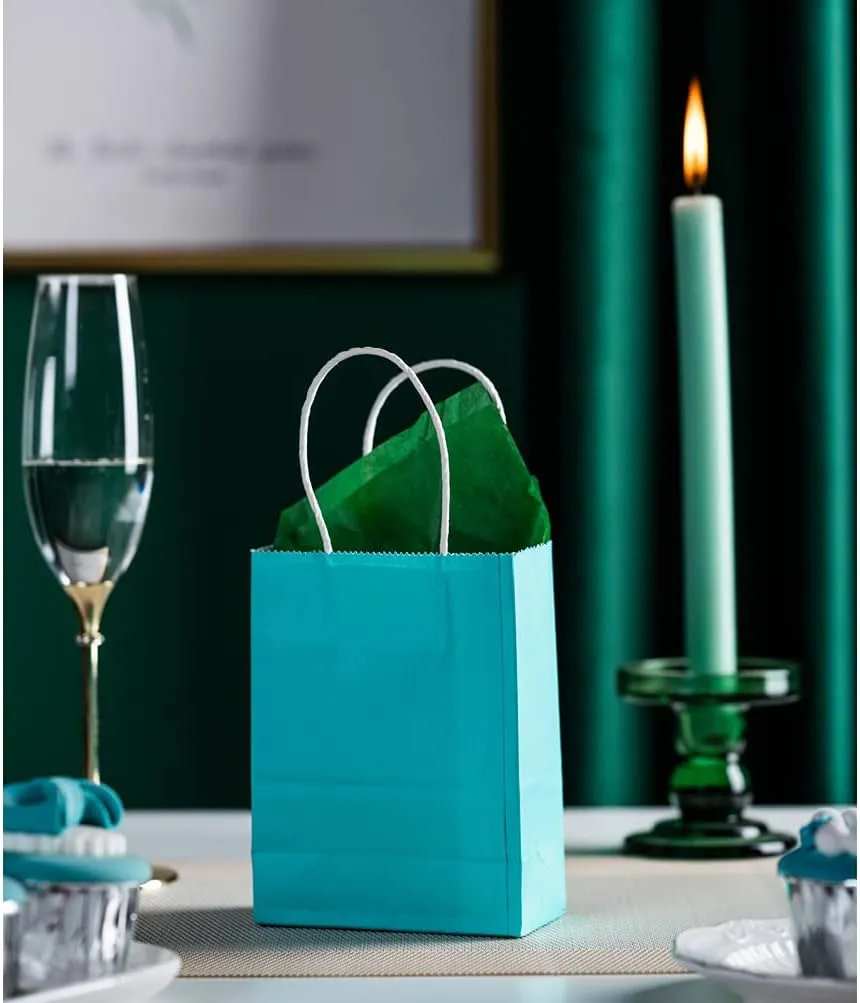 AWELL Small Turquoise Blue Paper Bag with Handle Party Favours Bag 6x4.5x2.5 inch for Baby Shower Birthday Wedding Recycled Bag, Pack of 24