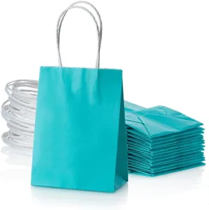 AWELL Small Turquoise Blue Paper Bag with Handle Party Favours Bag 6x4.5x2.5 inch for Baby Shower Birthday Wedding Recycled Bag, Pack of 24
