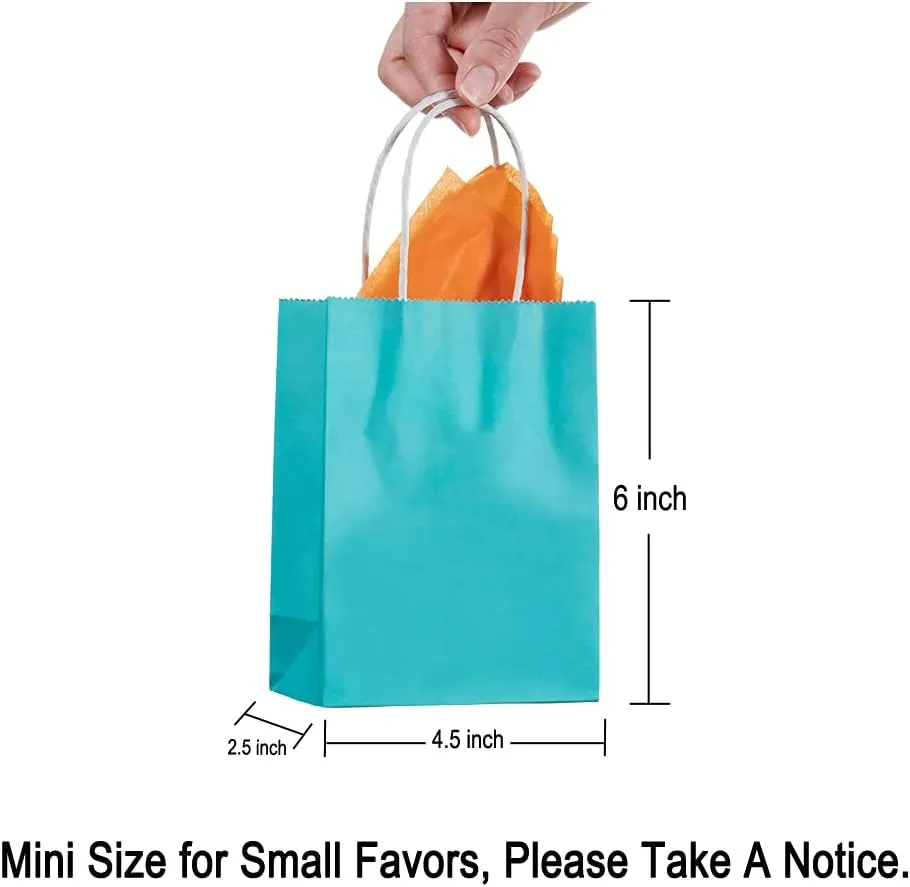 AWELL Small Turquoise Blue Paper Bag with Handle Party Favours Bag 6x4.5x2.5 inch for Baby Shower Birthday Wedding Recycled Bag, Pack of 24