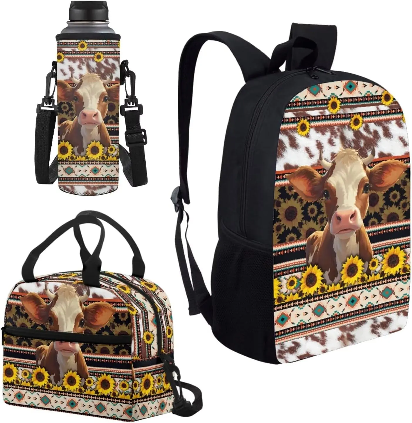 Aztec Sunflowers Cow Print Backpack for Boys Girls Back to School Shoulder Bookbags, Insulated Thermal Lunch Totes, Cooler Water Bottle Sleeve, 3pcs/set