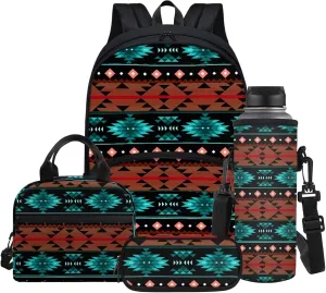 Aztec Western Backpack for Boys Girls Back to School Shoulder Bookbags Set, Insulated Thermal Lunch Totes,Pencil Holder,Cooler Water Bottle Sleeve 4 in 1