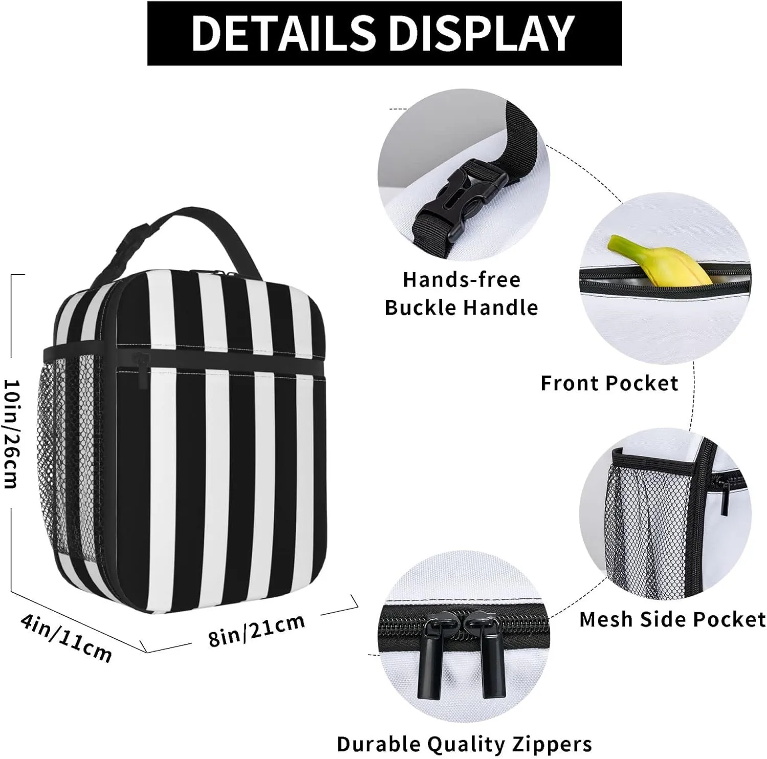 Black and White Stripe Lunch Box Reusable Insulated Totes Lunch Bag Thermal Cooler For Boy Girls School Men Women Beach Picnic Travel