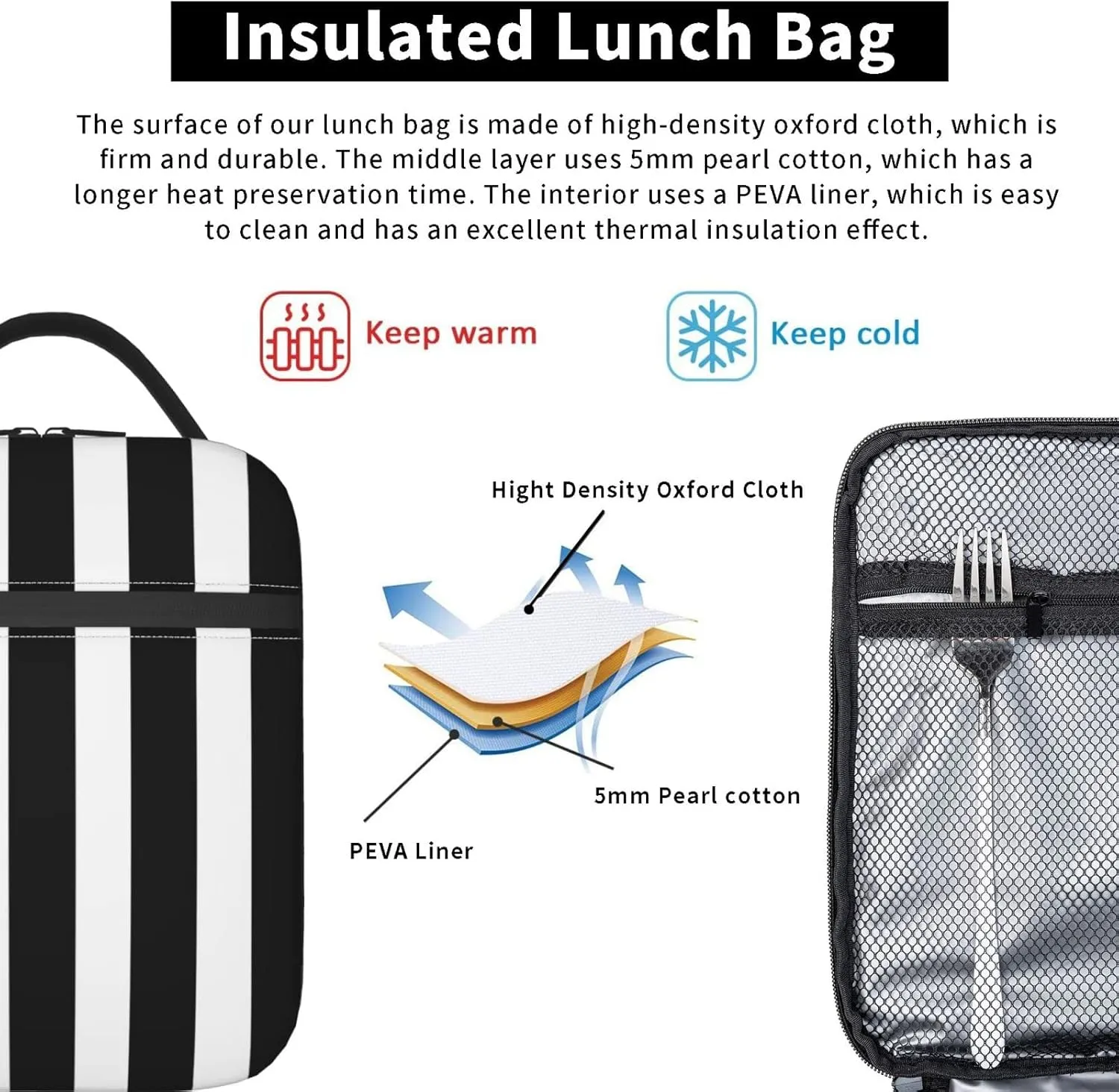 Black and White Stripe Lunch Box Reusable Insulated Totes Lunch Bag Thermal Cooler For Boy Girls School Men Women Beach Picnic Travel