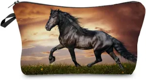 Black Horse Makeup Bag Horse Painting Organizer Zipper Pouch Galloping Steed Cosmetic Bag Birthday Present for Horse Lovers Women Friends