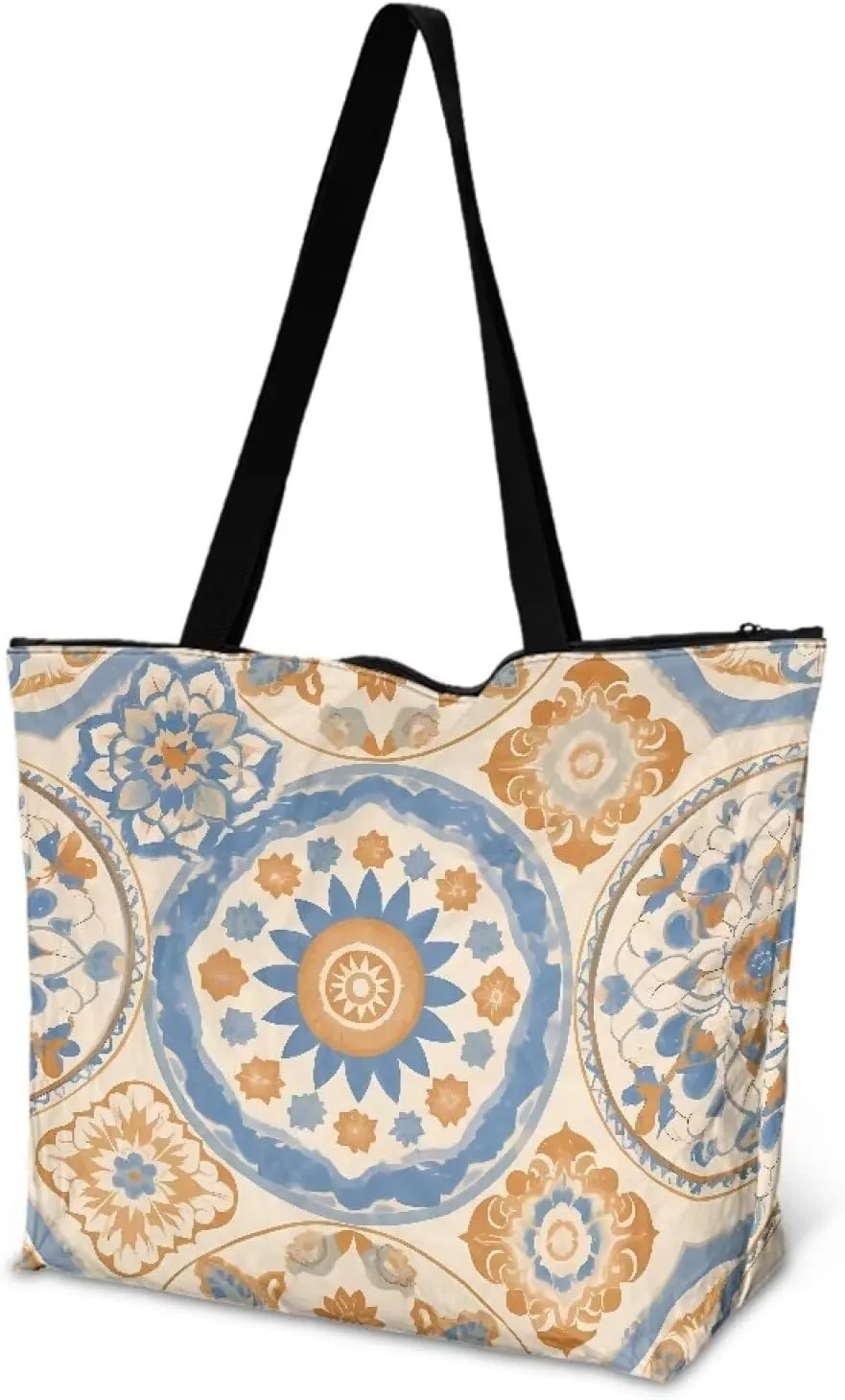 Bohemia Tribal Totes Bag Large Zipper Eco Tote Bag, Native Ethnic Shoulder Tote Bag for Shopping Grocery, Beach Bag