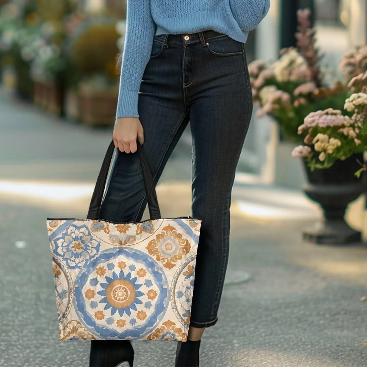 Bohemia Tribal Totes Bag Large Zipper Eco Tote Bag, Native Ethnic Shoulder Tote Bag for Shopping Grocery, Beach Bag