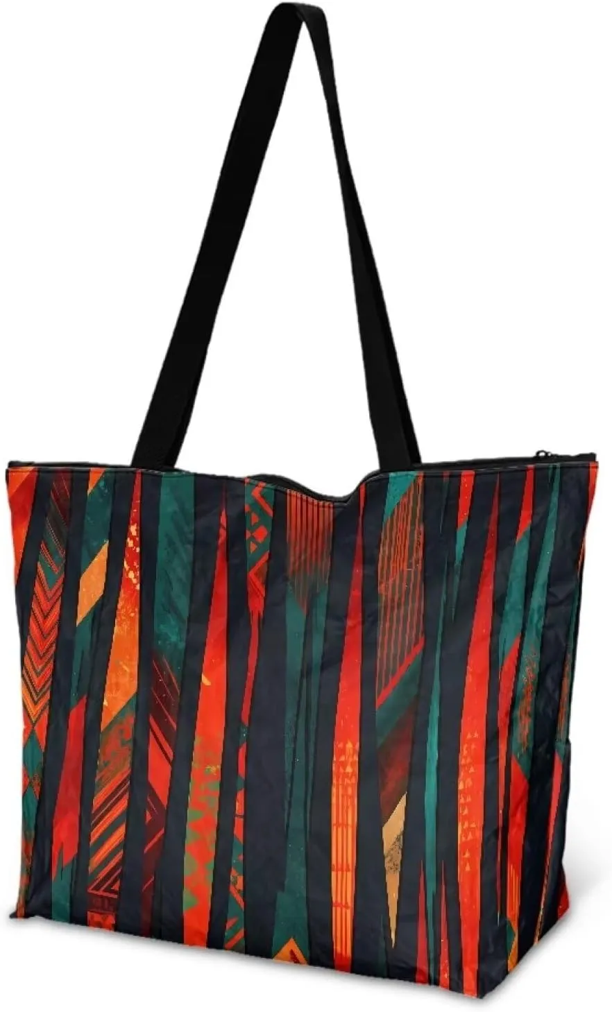 Bohemia Tribal Totes Bag Large Zipper Eco Tote Bag, Native Ethnic Shoulder Tote Bag for Shopping Grocery, Beach Bag