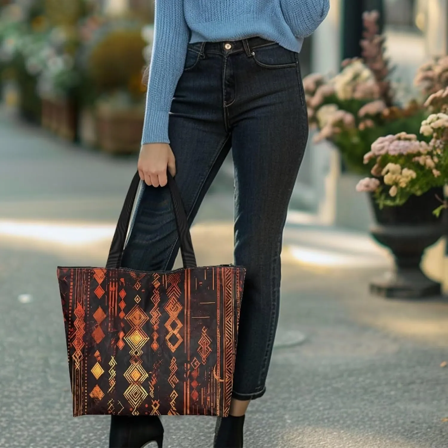 Bohemia Tribal Totes Bag Large Zipper Eco Tote Bag, Native Ethnic Shoulder Tote Bag for Shopping Grocery, Beach Bag