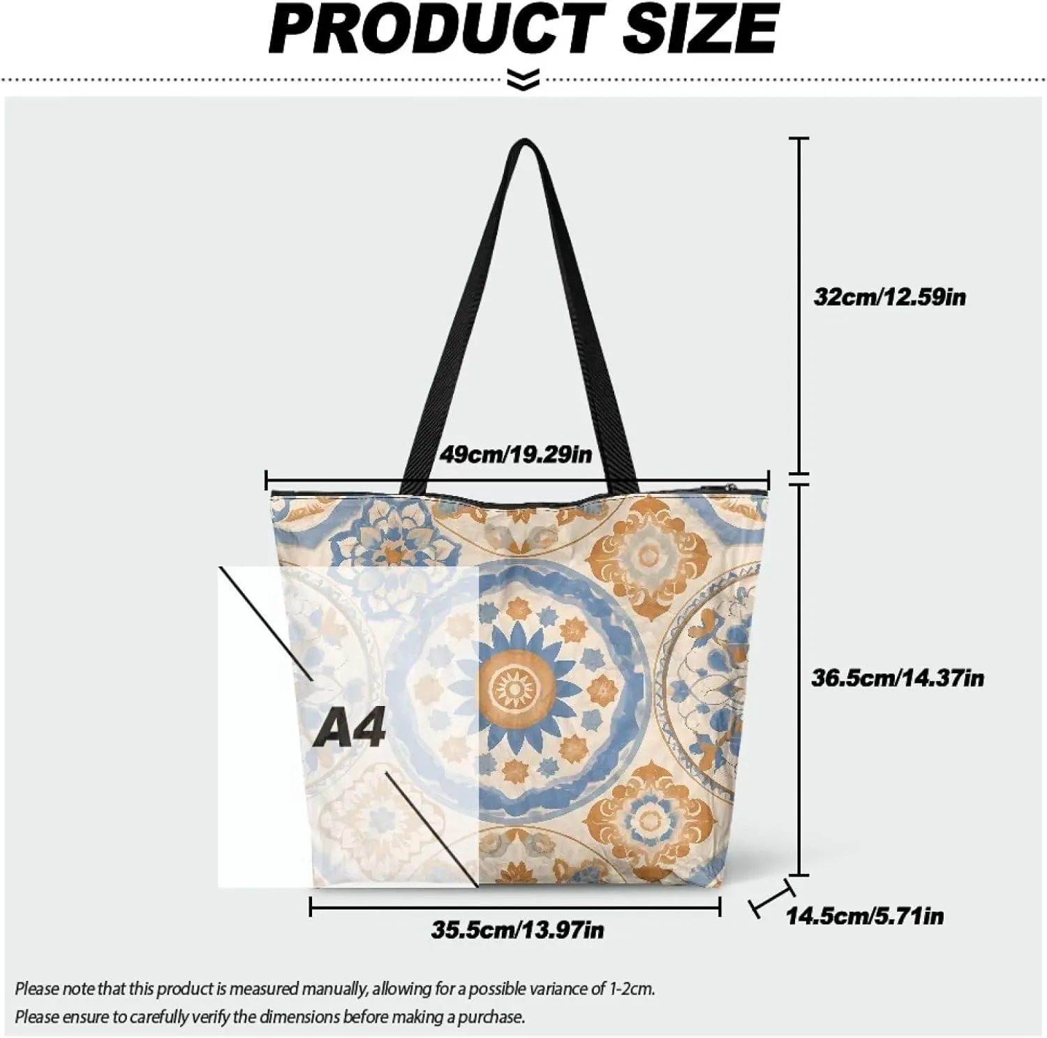 Bohemia Tribal Totes Bag Large Zipper Eco Tote Bag, Native Ethnic Shoulder Tote Bag for Shopping Grocery, Beach Bag
