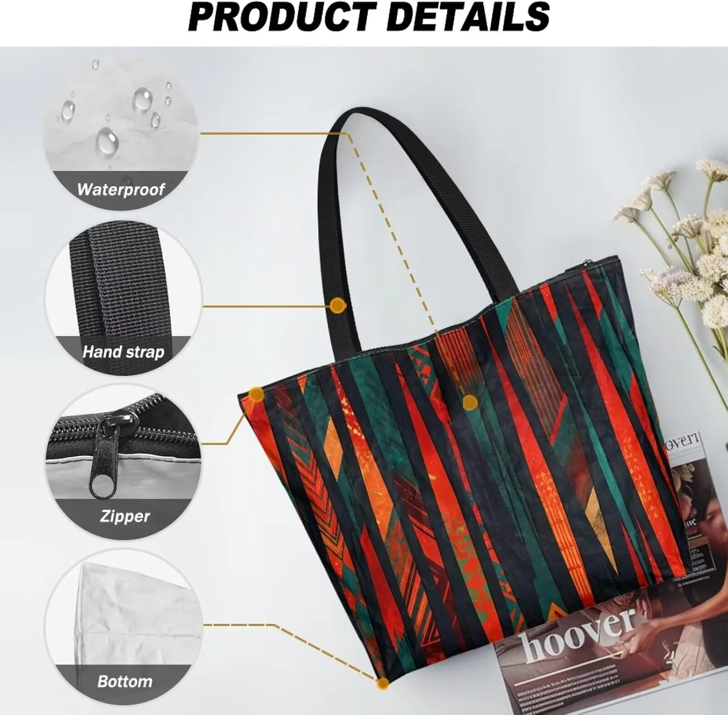 Bohemia Tribal Totes Bag Large Zipper Eco Tote Bag, Native Ethnic Shoulder Tote Bag for Shopping Grocery, Beach Bag