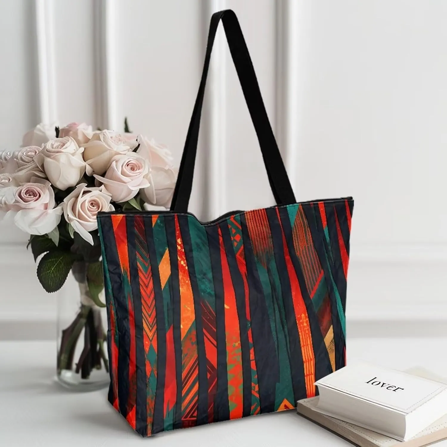 Bohemia Tribal Totes Bag Large Zipper Eco Tote Bag, Native Ethnic Shoulder Tote Bag for Shopping Grocery, Beach Bag