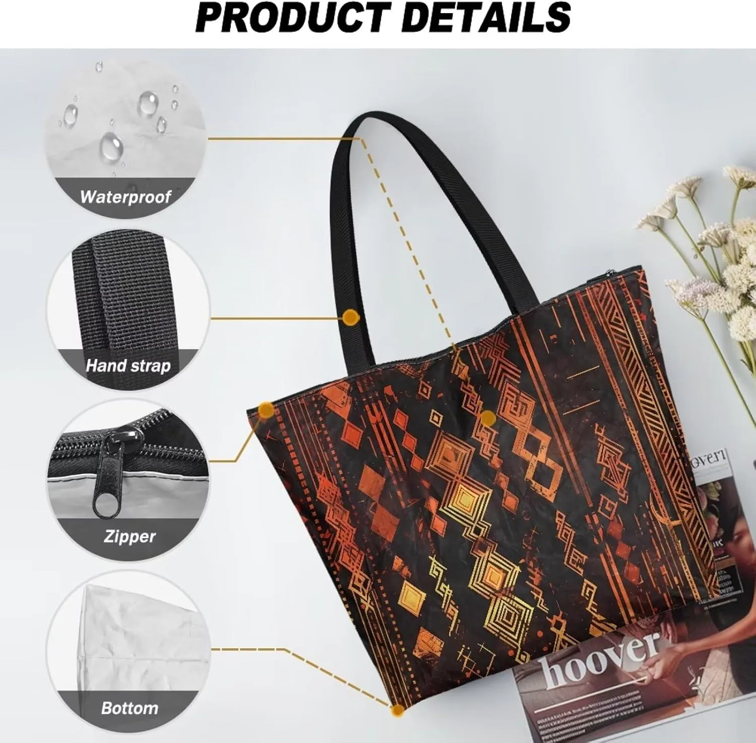 Bohemia Tribal Totes Bag Large Zipper Eco Tote Bag, Native Ethnic Shoulder Tote Bag for Shopping Grocery, Beach Bag