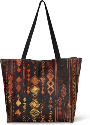 Bohemia Tribal Totes Bag Large Zipper Eco Tote Bag, Native Ethnic Shoulder Tote Bag for Shopping Grocery, Beach Bag