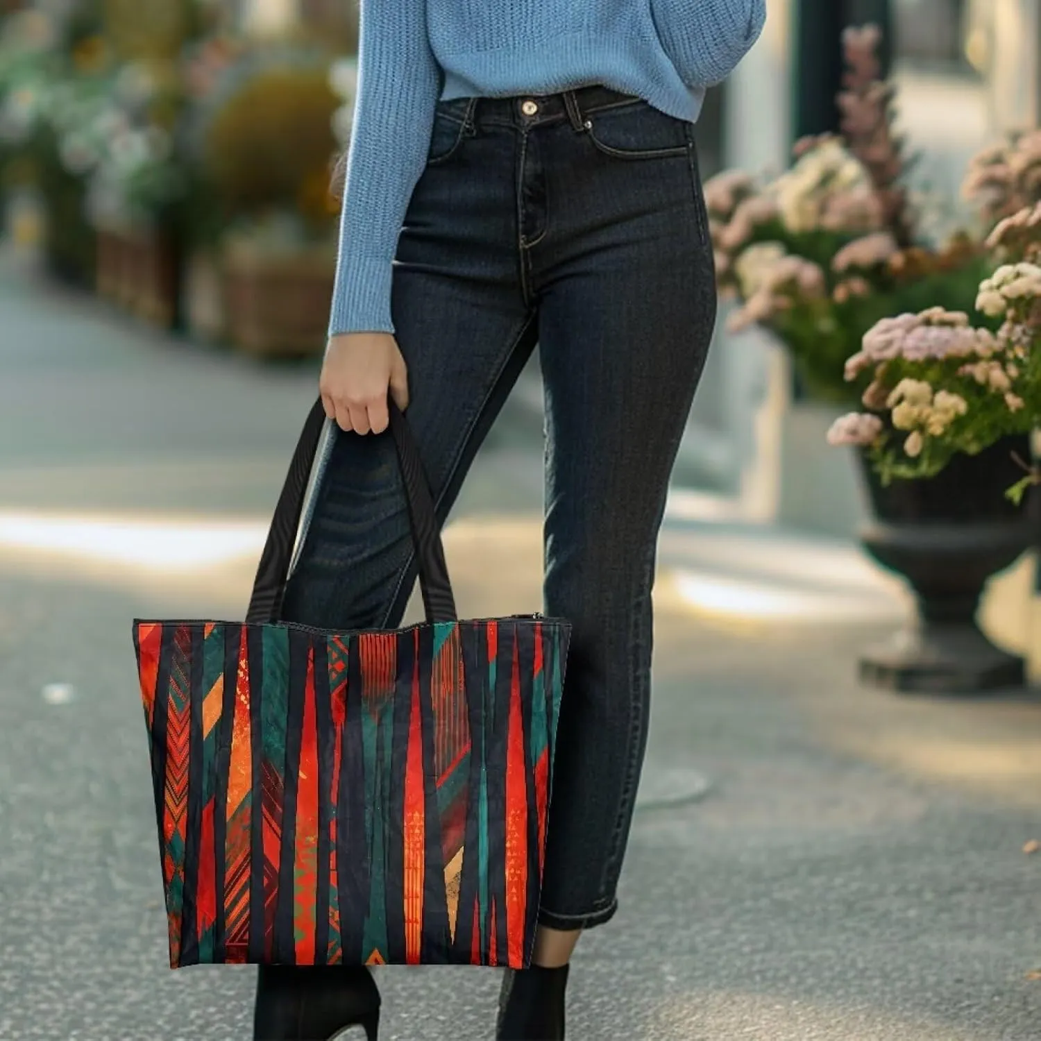 Bohemia Tribal Totes Bag Large Zipper Eco Tote Bag, Native Ethnic Shoulder Tote Bag for Shopping Grocery, Beach Bag