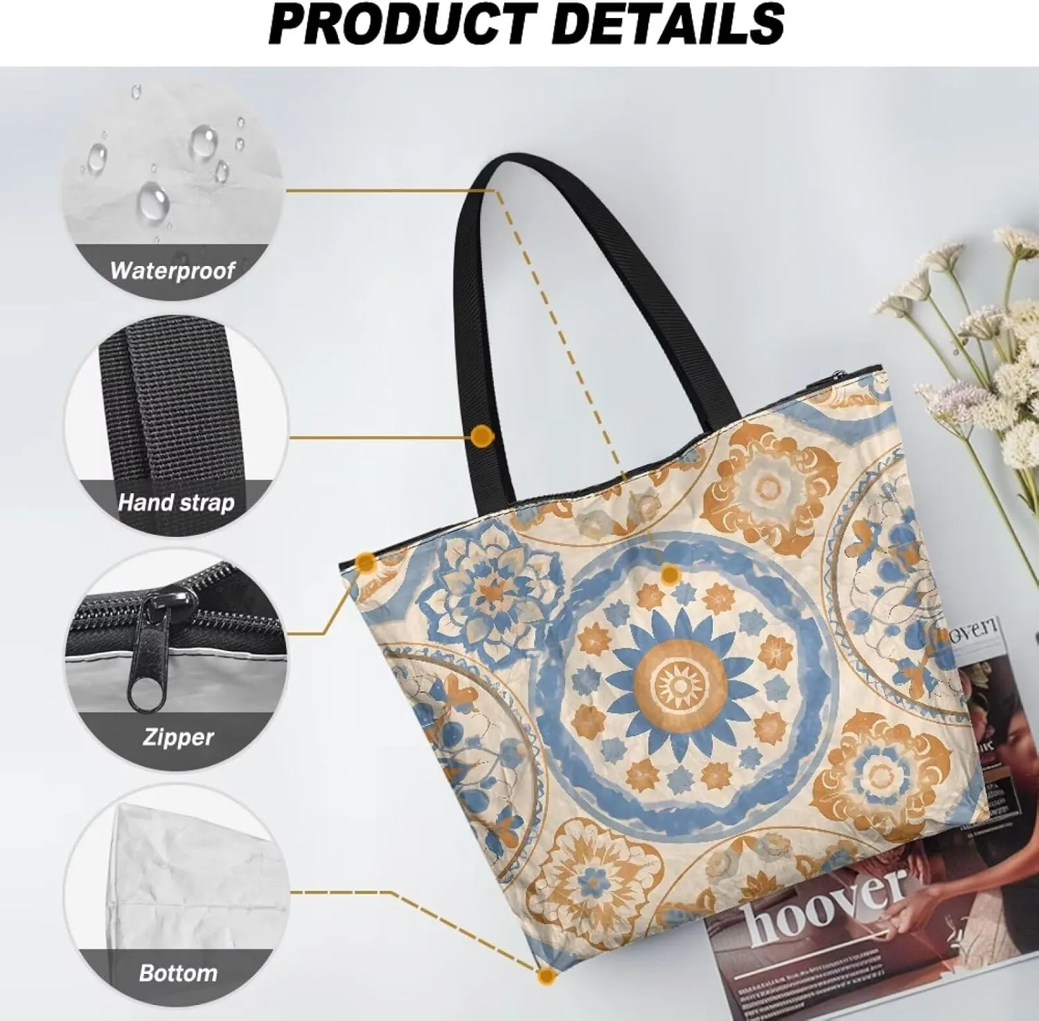 Bohemia Tribal Totes Bag Large Zipper Eco Tote Bag, Native Ethnic Shoulder Tote Bag for Shopping Grocery, Beach Bag