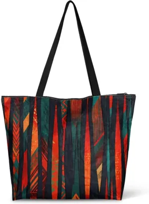 Bohemia Tribal Totes Bag Large Zipper Eco Tote Bag, Native Ethnic Shoulder Tote Bag for Shopping Grocery, Beach Bag