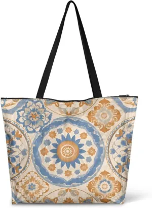 Bohemia Tribal Totes Bag Large Zipper Eco Tote Bag, Native Ethnic Shoulder Tote Bag for Shopping Grocery, Beach Bag