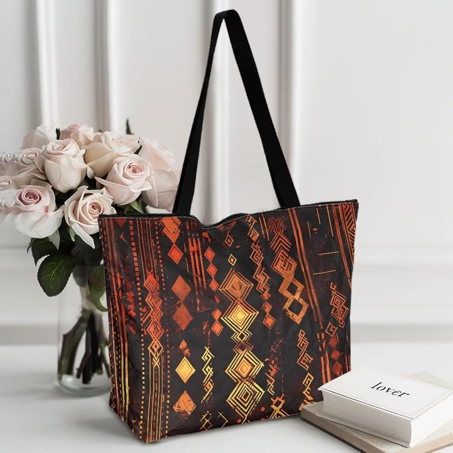 Bohemia Tribal Totes Bag Large Zipper Eco Tote Bag, Native Ethnic Shoulder Tote Bag for Shopping Grocery, Beach Bag