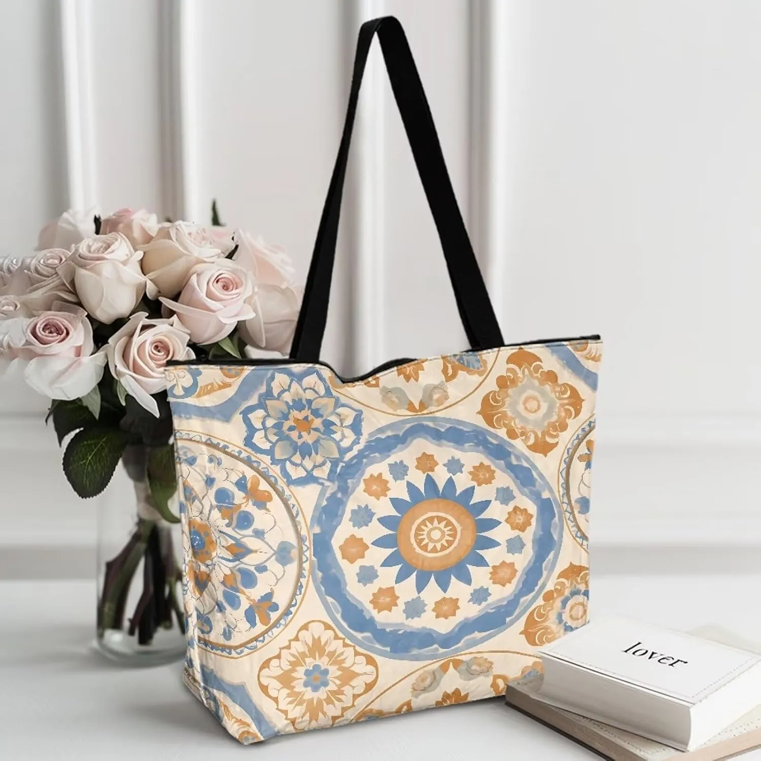 Bohemia Tribal Totes Bag Large Zipper Eco Tote Bag, Native Ethnic Shoulder Tote Bag for Shopping Grocery, Beach Bag