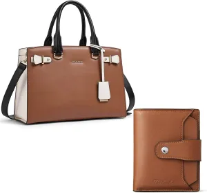 BOSTANTEN Women Leather Handbag Designer Purses Totes Bag Bundle with Women Leather Wallet RFID Blocking Small Bifold Wallet with ID Window