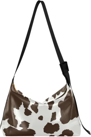Brown Cow Print Tote Bag for Women Large Hobo Bags Leather Crossbody Bags Shoulder Slouchy Handbags with Adjustable Strap for School Men