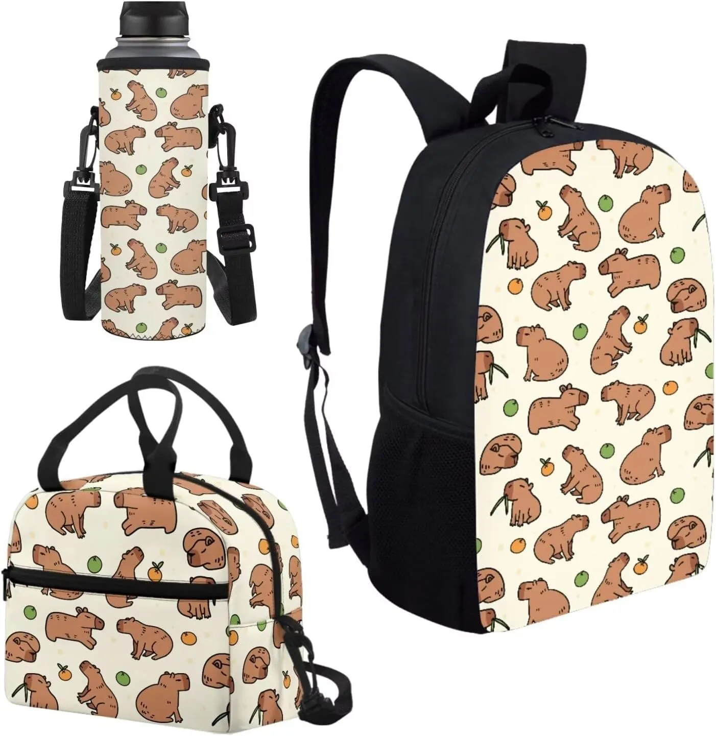 Cartoon Capybara Print Backpack for Boys Girls Back to School Shoulder Bookbags, Insulated Thermal Lunch Totes, Cooler Water Bottle Sleeve, 3pcs/set