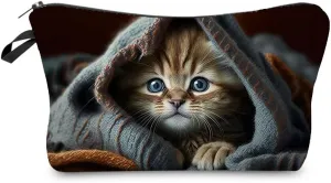 Cartoon Cat Makeup Bag Cute Small Makeup Organizer Bag Travel Toiletry Zipper Pouch Birthday Christmas Gift for Cat Lovers Cartoon Kitten Cosmetic Bag for Women Friends