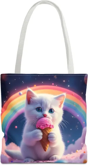 Cat Tote Bag- Rainbow Kitten Beach Bag for Girls, Pretty Cute Colorful Reusable Shopping Bags, Fun Kids Travel Totes