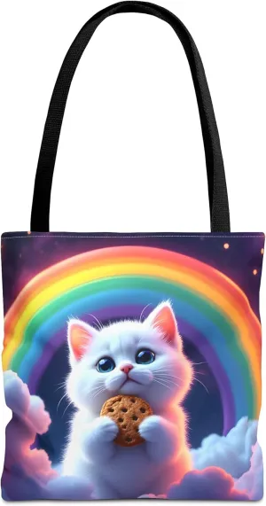 Cat Tote Bag- Rainbow Kitten Beach Bag for Girls, Pretty Cute Colorful Reusable Shopping Bags, Fun Kids Travel Totes