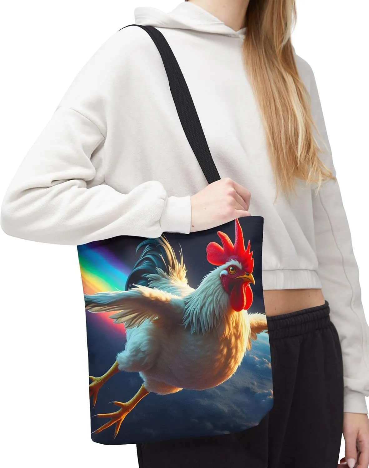 Chicken Tote Bag- Girls or Boys Rainbow Rooster Beach Bag, Funny Farm Animal Reusable Shopping Bags, Fun Kids Travel Totes