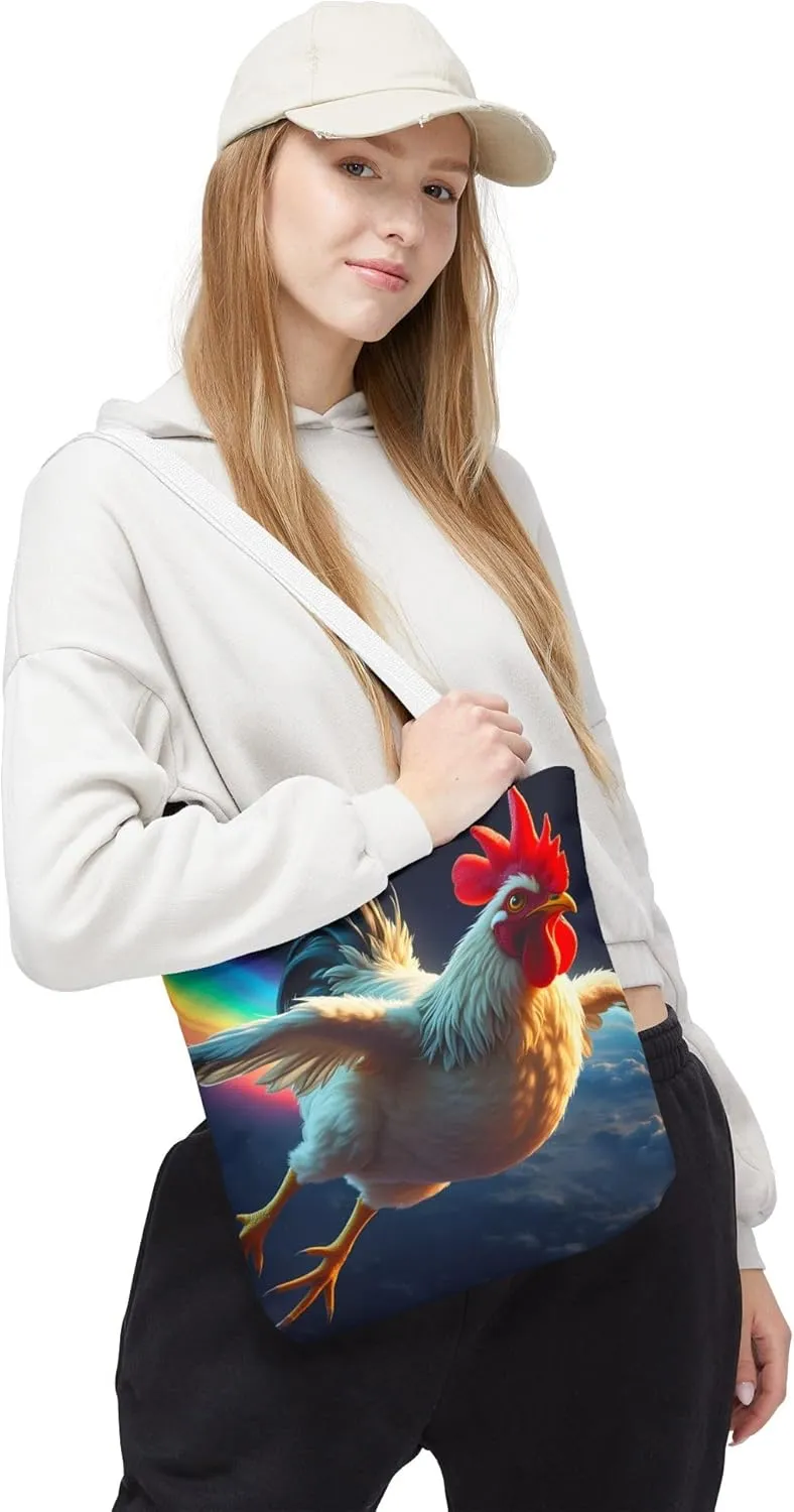 Chicken Tote Bag- Girls or Boys Rainbow Rooster Beach Bag, Funny Farm Animal Reusable Shopping Bags, Fun Kids Travel Totes