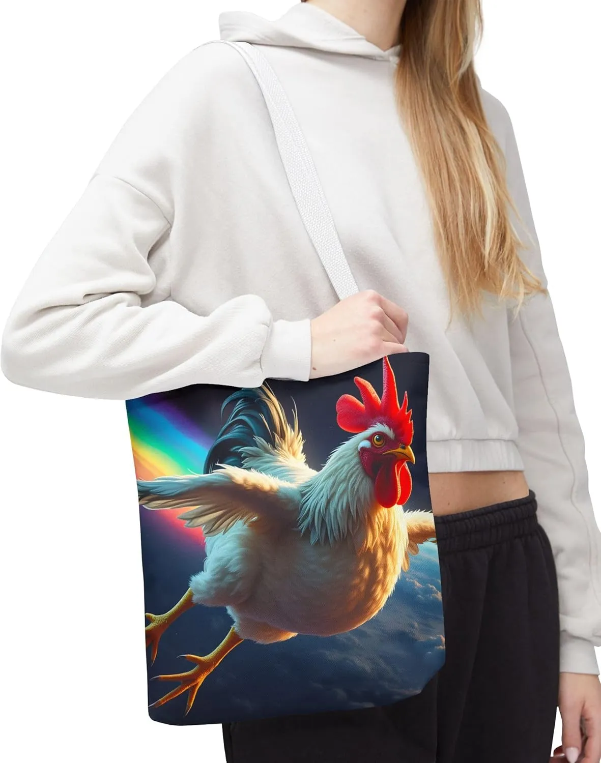 Chicken Tote Bag- Girls or Boys Rainbow Rooster Beach Bag, Funny Farm Animal Reusable Shopping Bags, Fun Kids Travel Totes