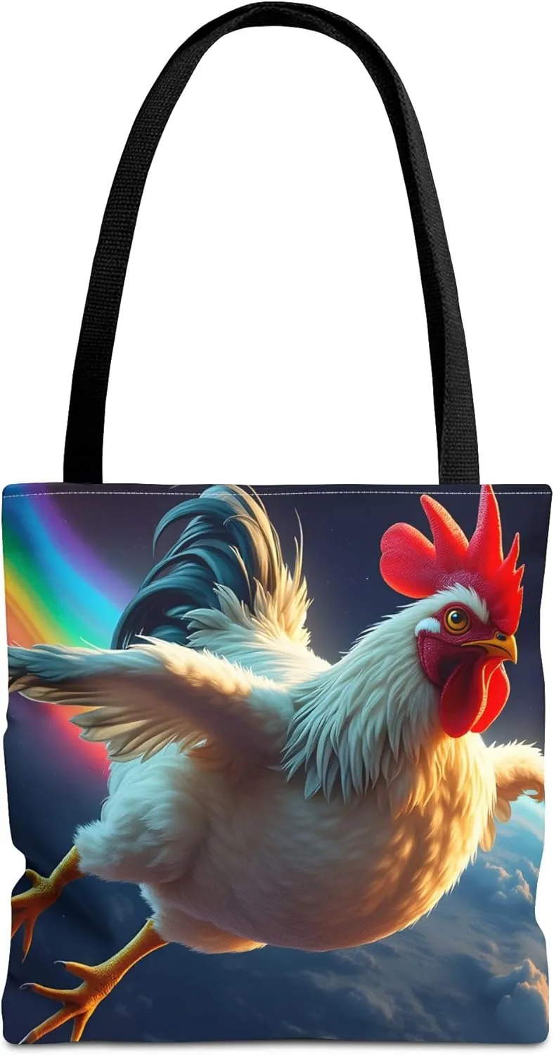 Chicken Tote Bag- Girls or Boys Rainbow Rooster Beach Bag, Funny Farm Animal Reusable Shopping Bags, Fun Kids Travel Totes