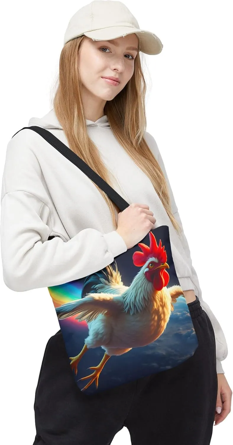 Chicken Tote Bag- Girls or Boys Rainbow Rooster Beach Bag, Funny Farm Animal Reusable Shopping Bags, Fun Kids Travel Totes