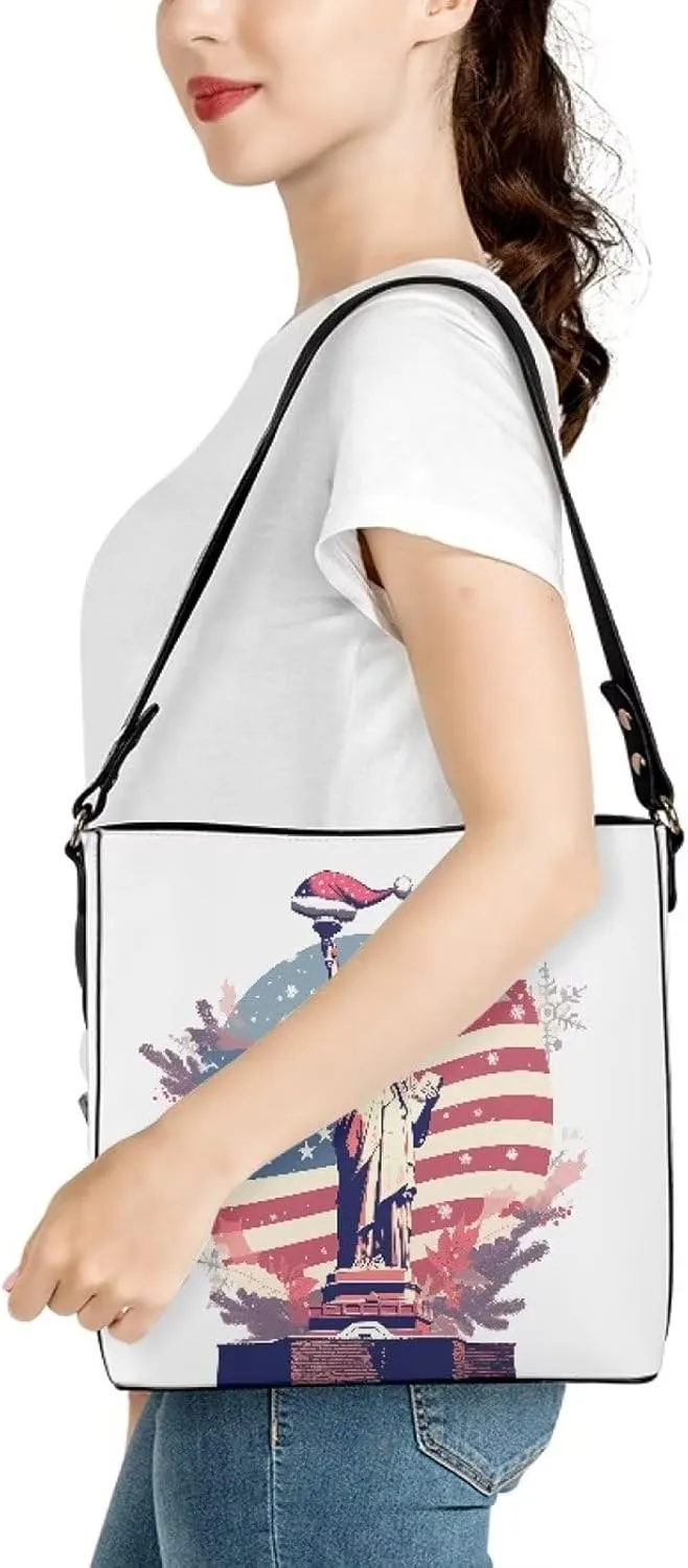 Christmas Tote Bag for Women, Xmas Bucket Totes Bag, PU Leather Shoulder Tote Bags Holiday Gift for Mom Teacher