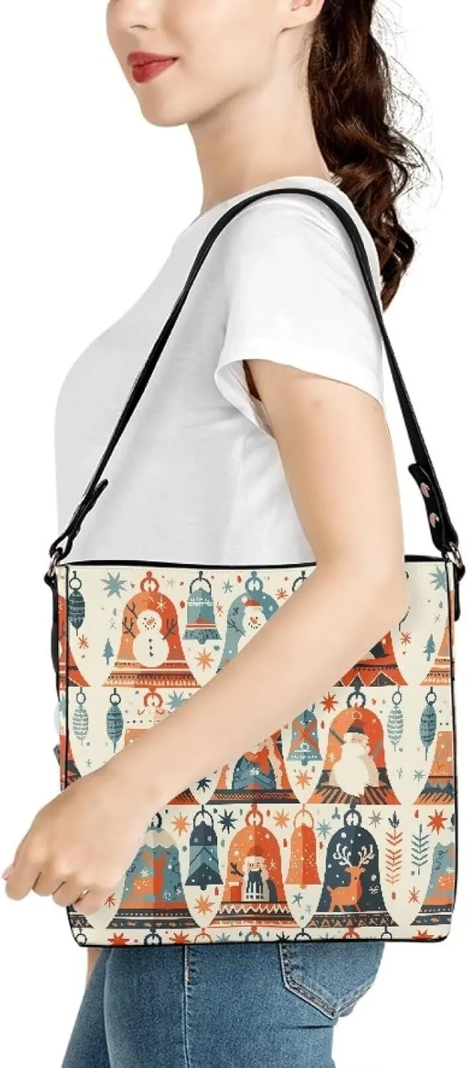 Christmas Tote Bag for Women, Xmas Bucket Totes Bag, PU Leather Shoulder Tote Bags Holiday Gift for Mom Teacher
