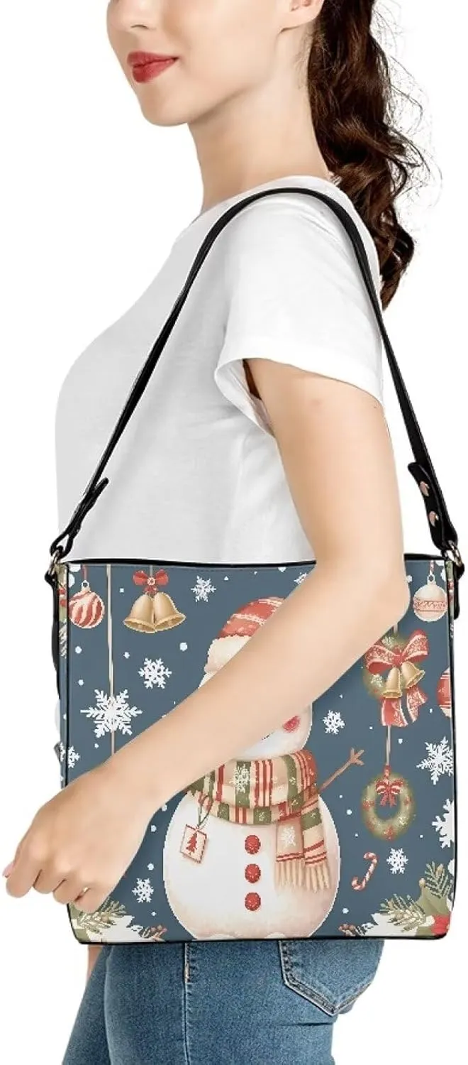 Christmas Tote Bag for Women, Xmas Bucket Totes Bag, PU Leather Shoulder Tote Bags Holiday Gift for Mom Teacher