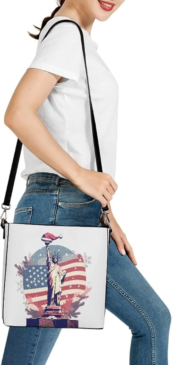 Christmas Tote Bag for Women, Xmas Bucket Totes Bag, PU Leather Shoulder Tote Bags Holiday Gift for Mom Teacher
