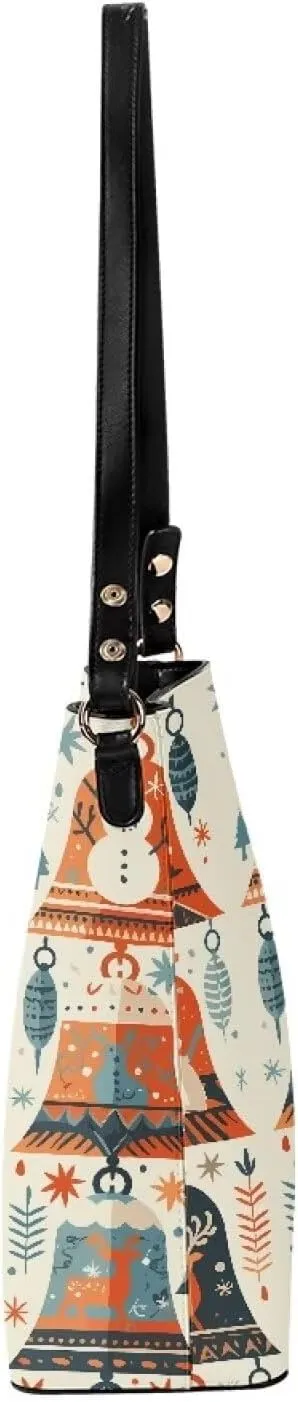 Christmas Tote Bag for Women, Xmas Bucket Totes Bag, PU Leather Shoulder Tote Bags Holiday Gift for Mom Teacher