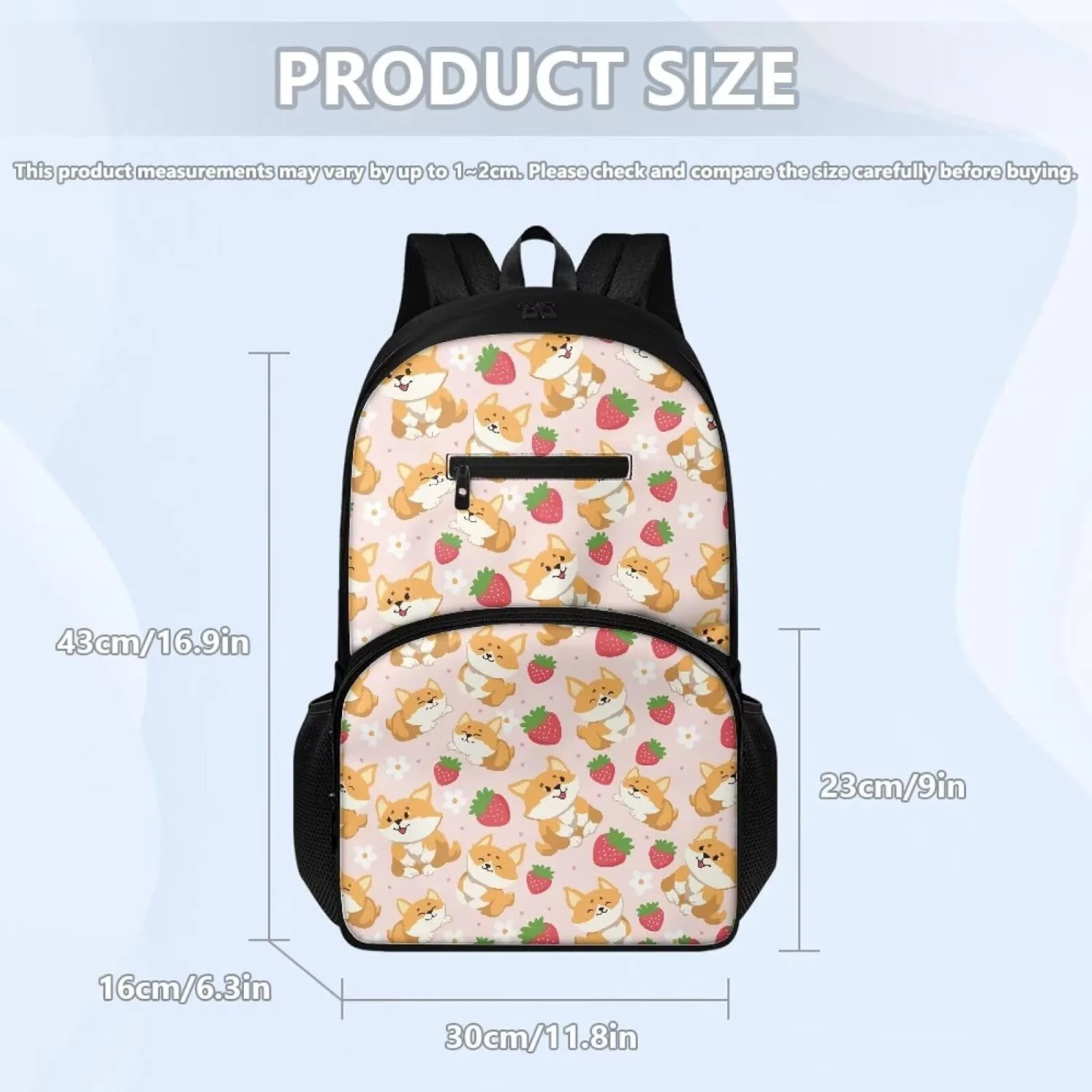 Corgi Backpack 3 Pcs Backpack Set Cute Strawberry Kids Bookbag with Lunch Box and Large Capacity Pencil Case Kawaii Thermos Lunch Bag