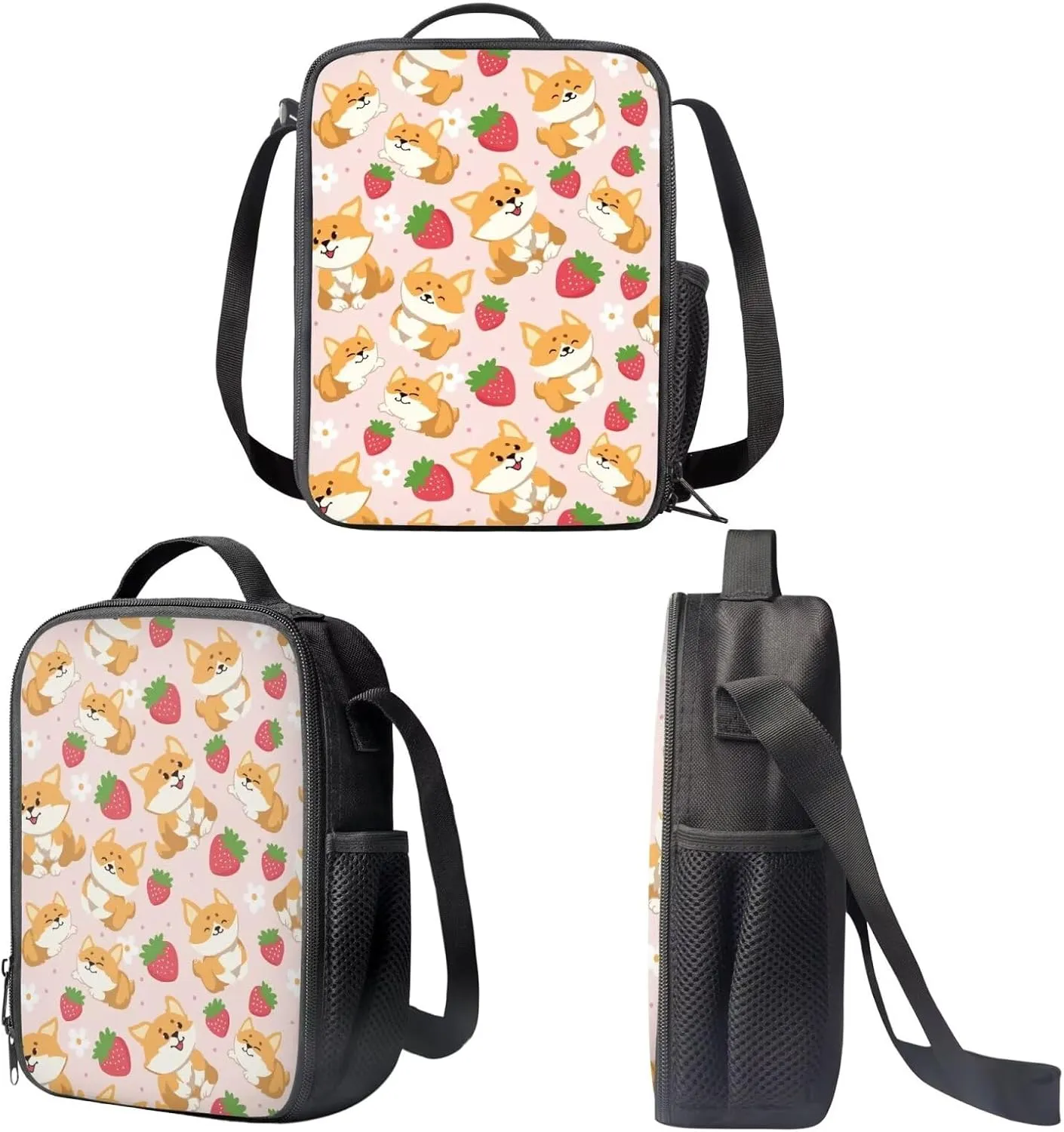 Corgi Backpack 3 Pcs Backpack Set Cute Strawberry Kids Bookbag with Lunch Box and Large Capacity Pencil Case Kawaii Thermos Lunch Bag