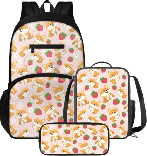 Corgi Backpack 3 Pcs Backpack Set Cute Strawberry Kids Bookbag with Lunch Box and Large Capacity Pencil Case Kawaii Thermos Lunch Bag