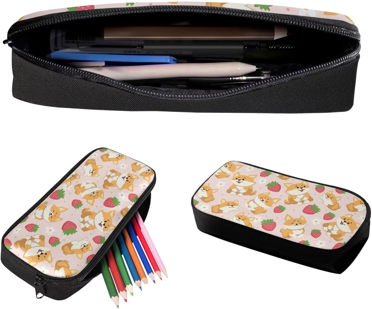 Corgi Backpack 3 Pcs Backpack Set Cute Strawberry Kids Bookbag with Lunch Box and Large Capacity Pencil Case Kawaii Thermos Lunch Bag
