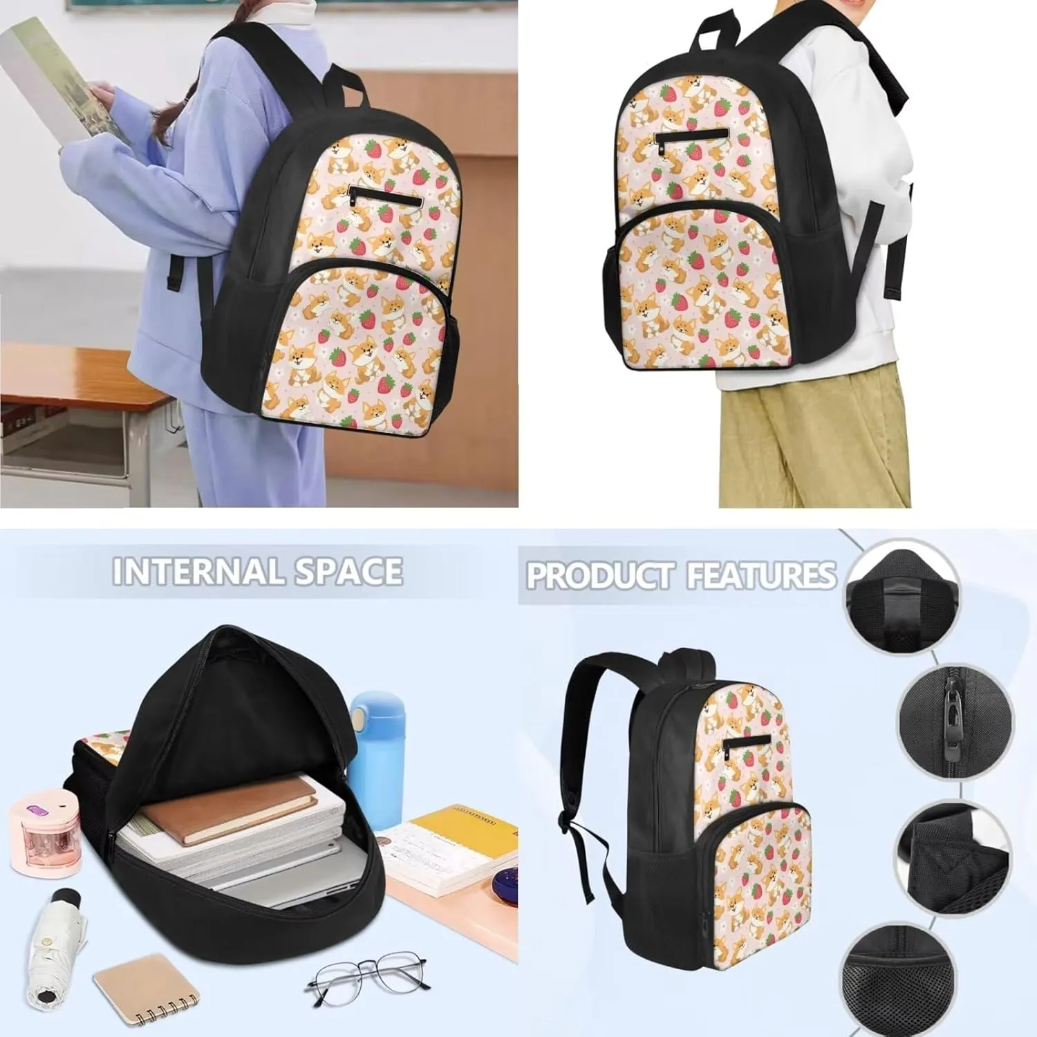 Corgi Backpack 3 Pcs Backpack Set Cute Strawberry Kids Bookbag with Lunch Box and Large Capacity Pencil Case Kawaii Thermos Lunch Bag
