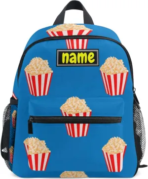 Custom Kid's Name Backpack, Buckets Of Popcorn Blue Toddler Backpack for Boys Girls Personalized Name Preschool Bookbag